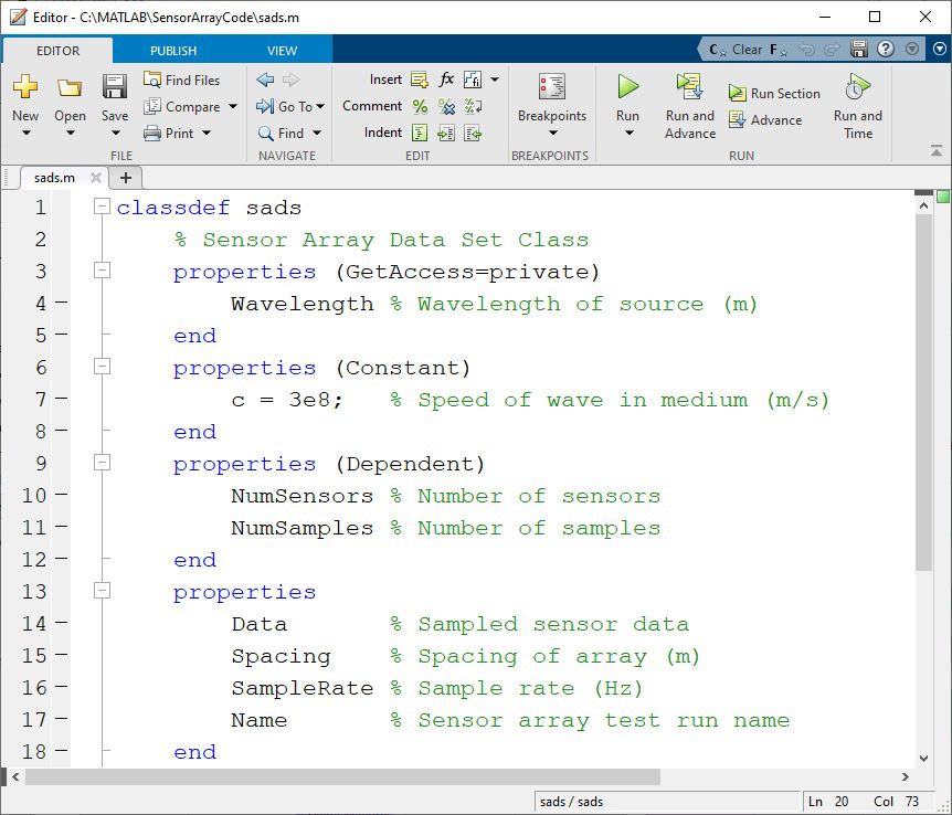 Figure 3. Class definition file sads.m with property attributes.