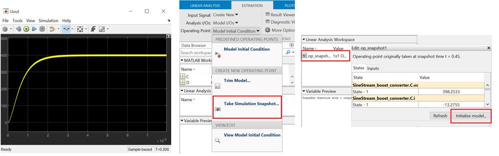 Figure 3. Output voltage initial transient, simulation snapshot, and initialization of the model.