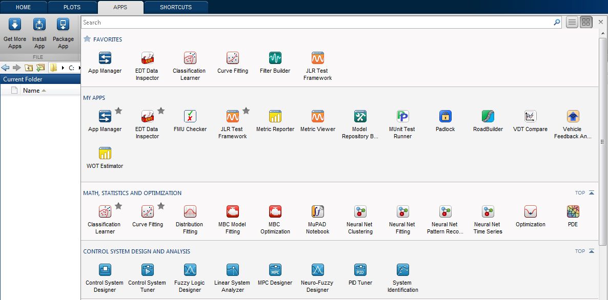 In-house developed apps in a user’s MATLAB toolstrip. The app installer put Jaguar Land Rover’s in-house apps straight into the “My apps” section.