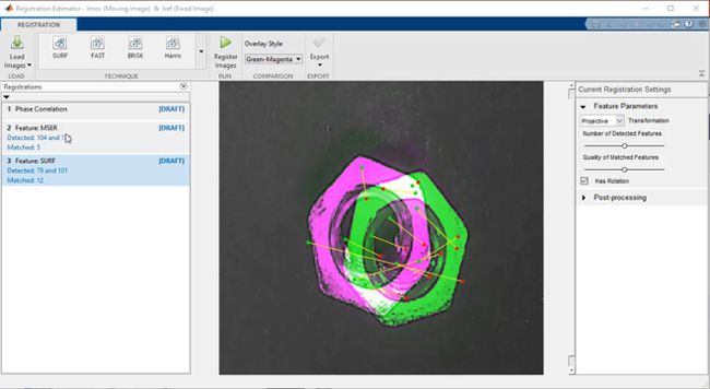 Registration Estimator app aligning a pair of images of hex bolts in different orientations.