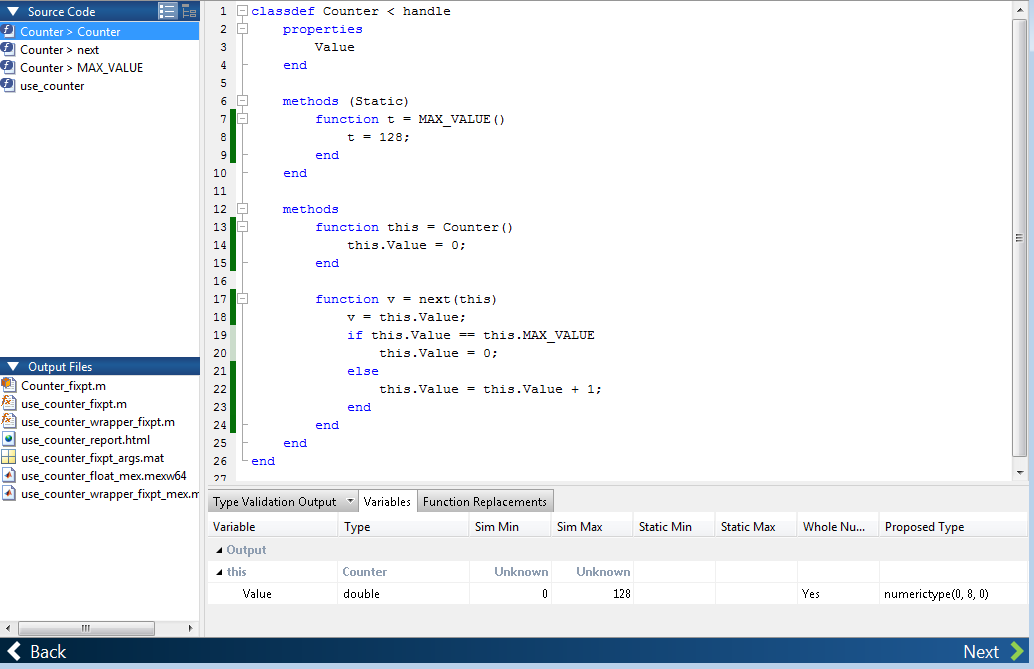 Fixed-Point Converter app with a class selected in the left side column. The Variables tab displays the variables associated with the selected class.