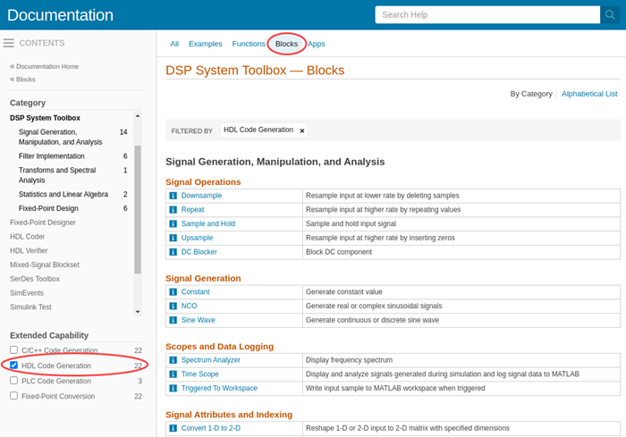 Filtered block list for DSP System Toolbox, with blocks that support HDL code generation selected