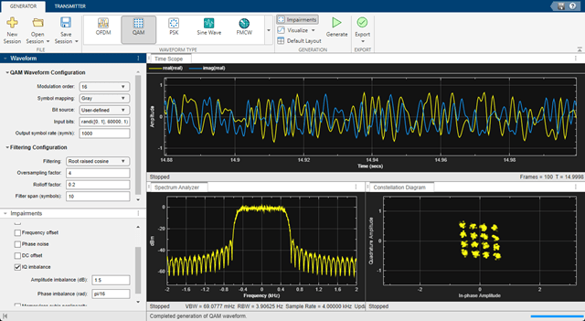 Wireless Waveform Generator app display of 16QAM waveform with IQ imbalance and RRC filtering.