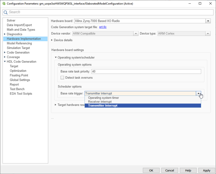 View of configuration parameters window. Hardware implementation pane is on the left. Hardware board drop-down at the top of the right side pane. Base rate trigger drop-down is under the scheduler options in the right side pane.