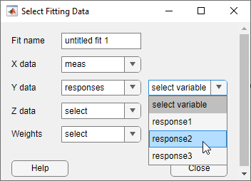 Select Fitting Data dialog box with a vector variable selected for the X data and a table variable selected for the Y data