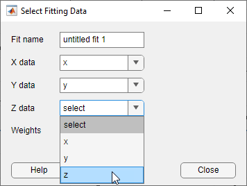 Select Fitting Data dialog box with vector variables selected for the X and Y data and a table variable selected for the Z data