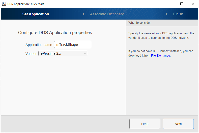 Display of vendor options in Set Application pane of DDS Application Quick Start.