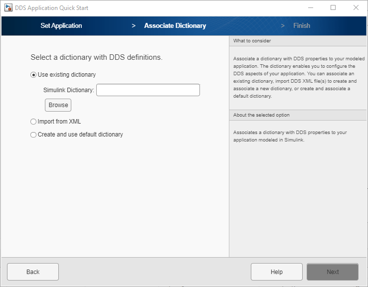 Display of dictionary options in Associate Dictionary pane of DDS Application Quick Start.