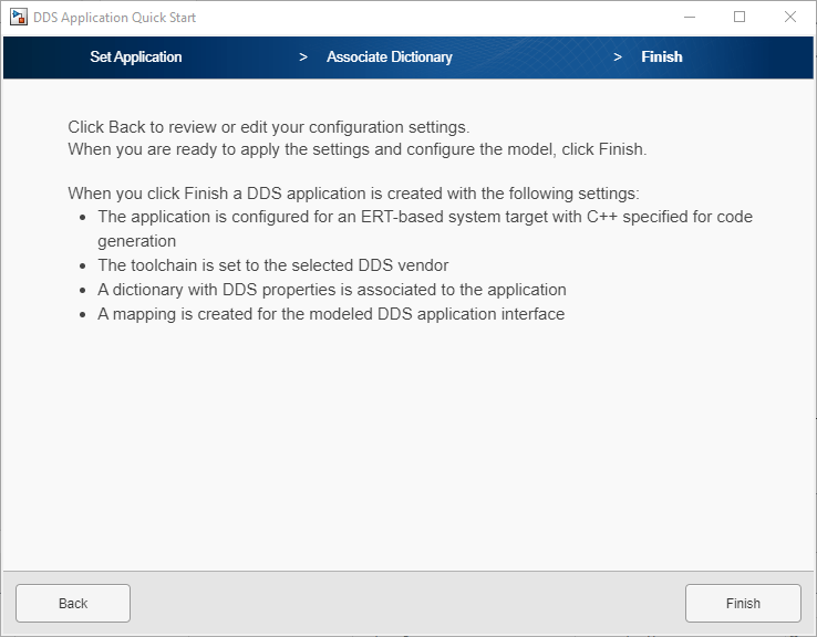 Display of configured settings in Finish pane of DDS Application Quick Start.