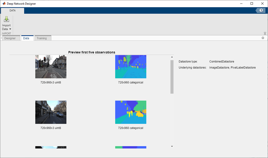 Data tab of Deep Network Designer displaying a preview of the first five observations in the datastore