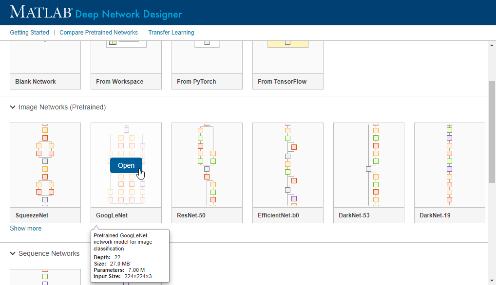 Deep Network Designer start page showing available networks