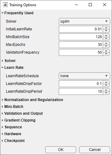 Training Options dialog box in Deep Network Designer