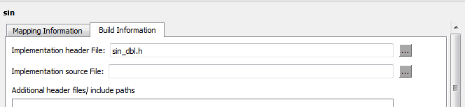 Build information tab showing the implementation header file specified as sin_dbl.h.