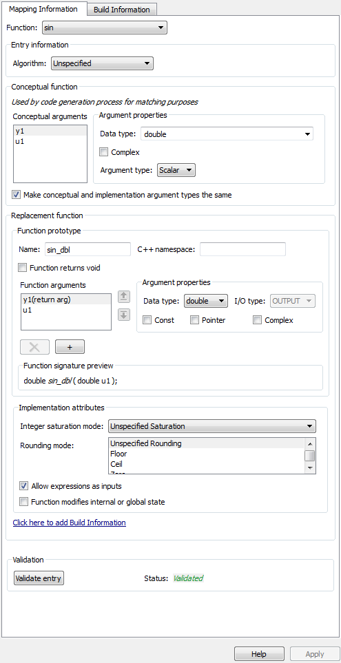 Mapping information tab for the in function code replacement entry. The validation status is validated.