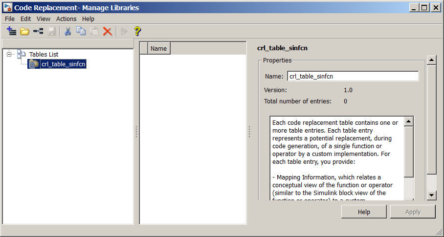 Code replacement tool showing the library crl_table_sinfcn.