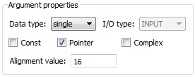 Argument properties section with the alignment value set to 16.