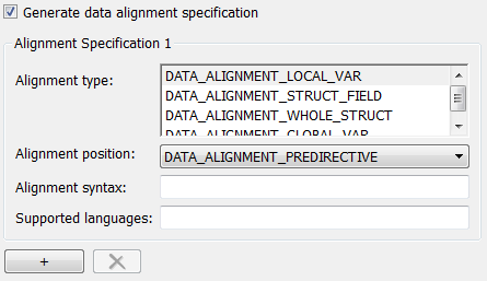 Generate registration file dialog showing the Generate data alignment specification option selected. The Alignment Specification 1 section shows the options alignment type, alignment position, alignment syntax, and supported languages.