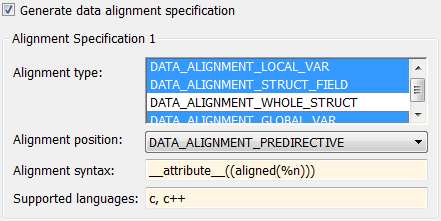 Data alignment specifications in the Generate registration file dialog box.