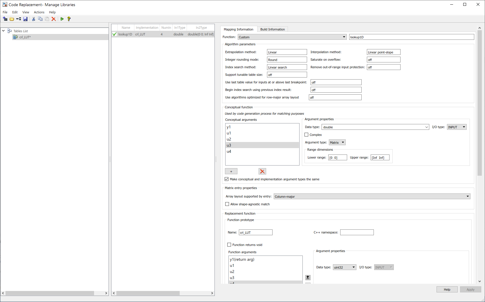 Code replacement tool showing a function entry for the lookup1D algorithm.