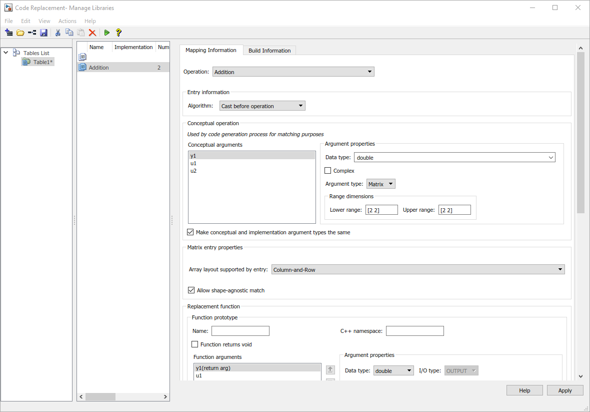 Code replacement tool showing the entry for the Addition operation.