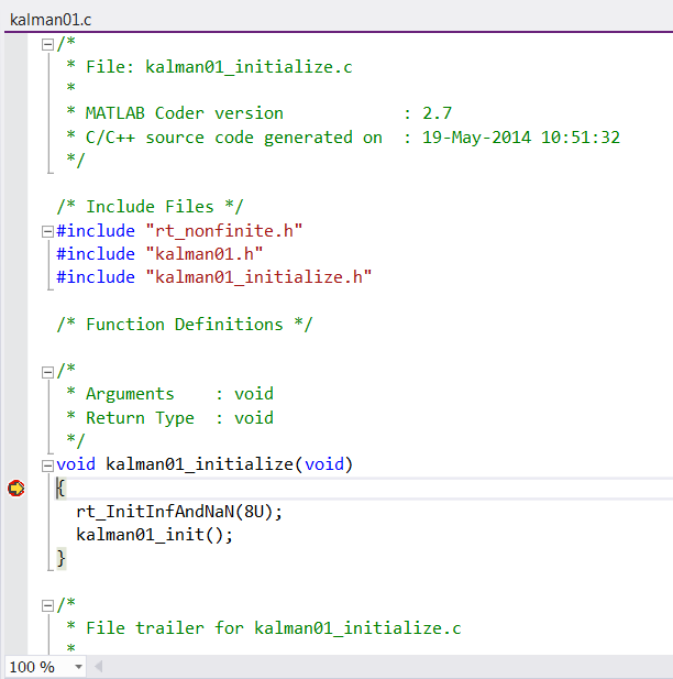 Microsoft Visual Studio displays function with debugger breakpoint.