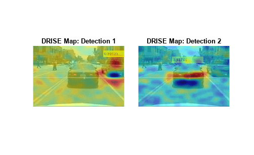 Figure contains 2 axes objects. Axes object 1 with title DRISE Map: Detection 1 contains 2 objects of type image. Axes object 2 with title DRISE Map: Detection 2 contains 2 objects of type image.