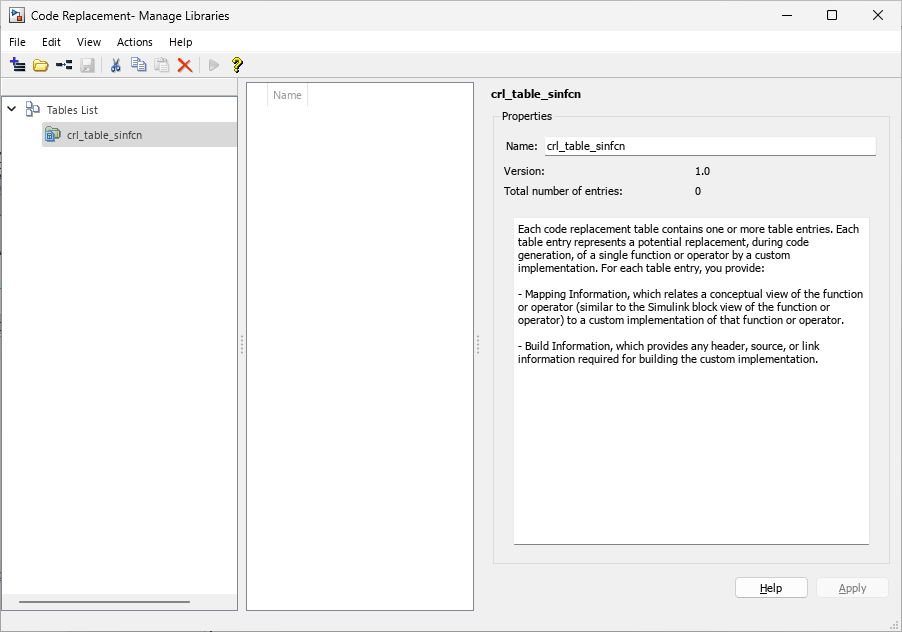 Code replacement tool showing the table crl_table_sinfcn.