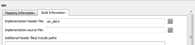 Build information tab with the Implementation header File set to sin_dbl.h.