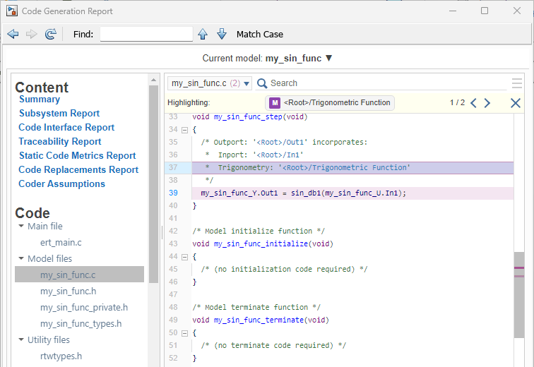 Generated code in the code generation report. The code for the trigonometric function is highlighted showing the call to the implementation function sin_dbl.