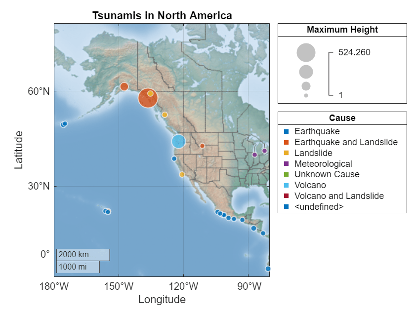 Figure contains an object of type geobubble. The chart of type geobubble has title Tsunamis in North America.