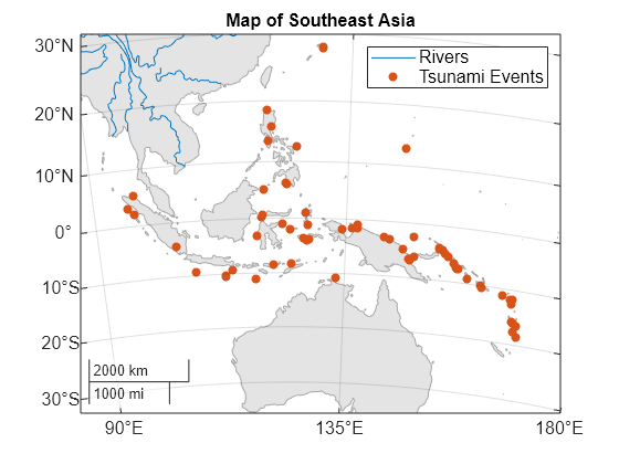 Figure contains an axes object with type mapaxes. The mapaxes object contains 2 objects of type line, scatter. These objects represent Rivers, Tsunami Events.