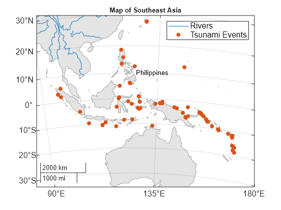 Figure contains an axes object with type mapaxes. The mapaxes object contains 3 objects of type line, scatter, text. These objects represent Rivers, Tsunami Events.