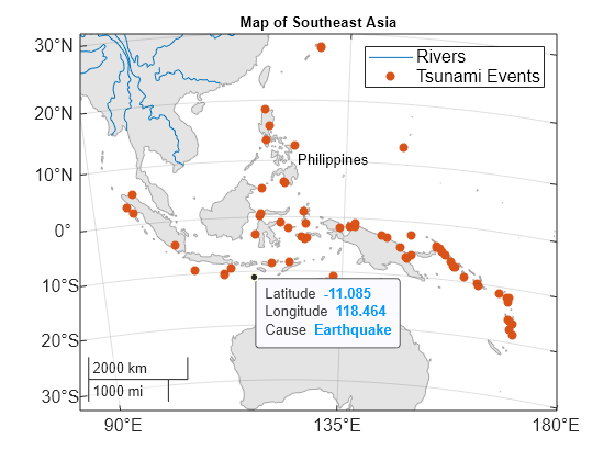 Figure contains an axes object with type mapaxes. The mapaxes object contains 3 objects of type line, scatter, text. These objects represent Rivers, Tsunami Events.