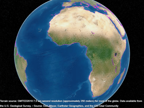 A globe with a magenta line along coastlines. The line appears broken.