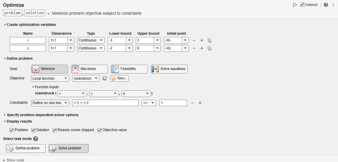 Get Started with Problem-Based Optimize Live Editor Task