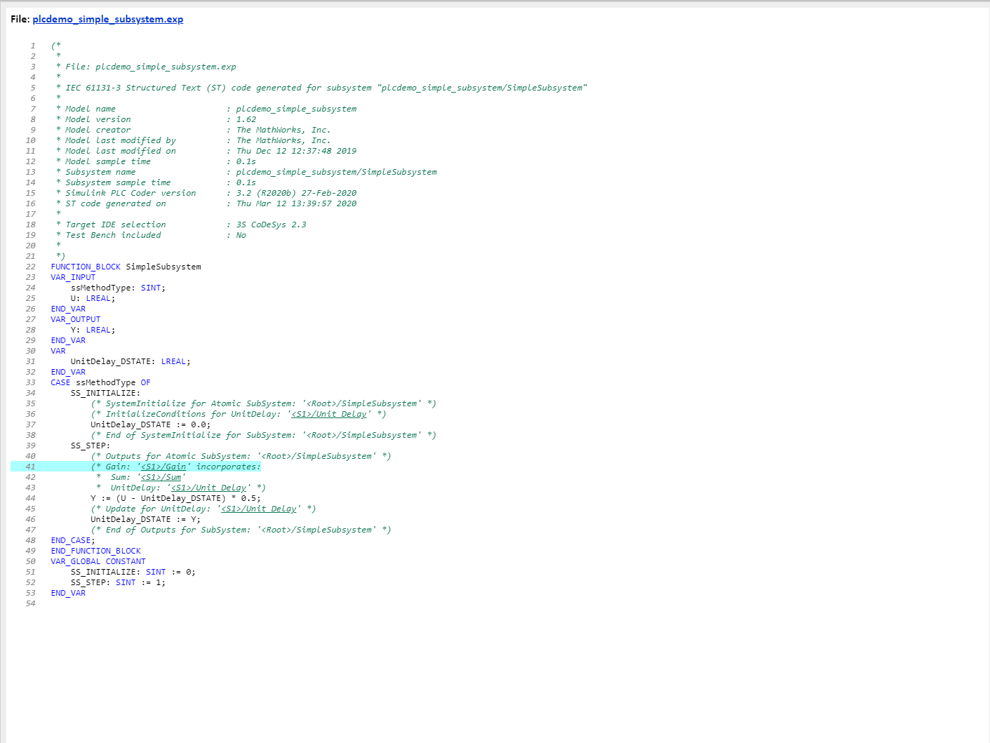 Generate Structured Text Code for a Simple Simulink Subsystem