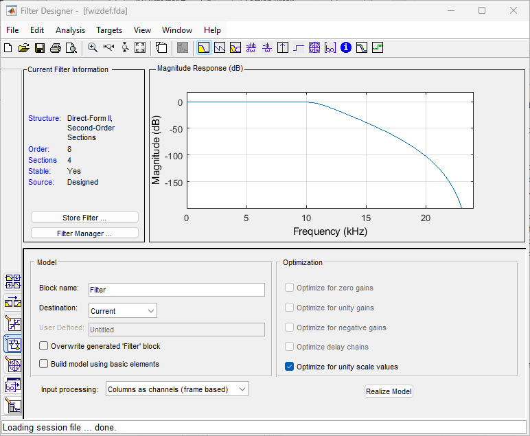 Filter Designer app window with the Realize Model panel