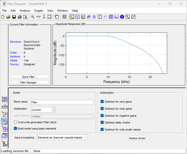 Filter Designer App window with the Realize Model panel. The checkbox "Build model using basic elements" in the Model section is marked.