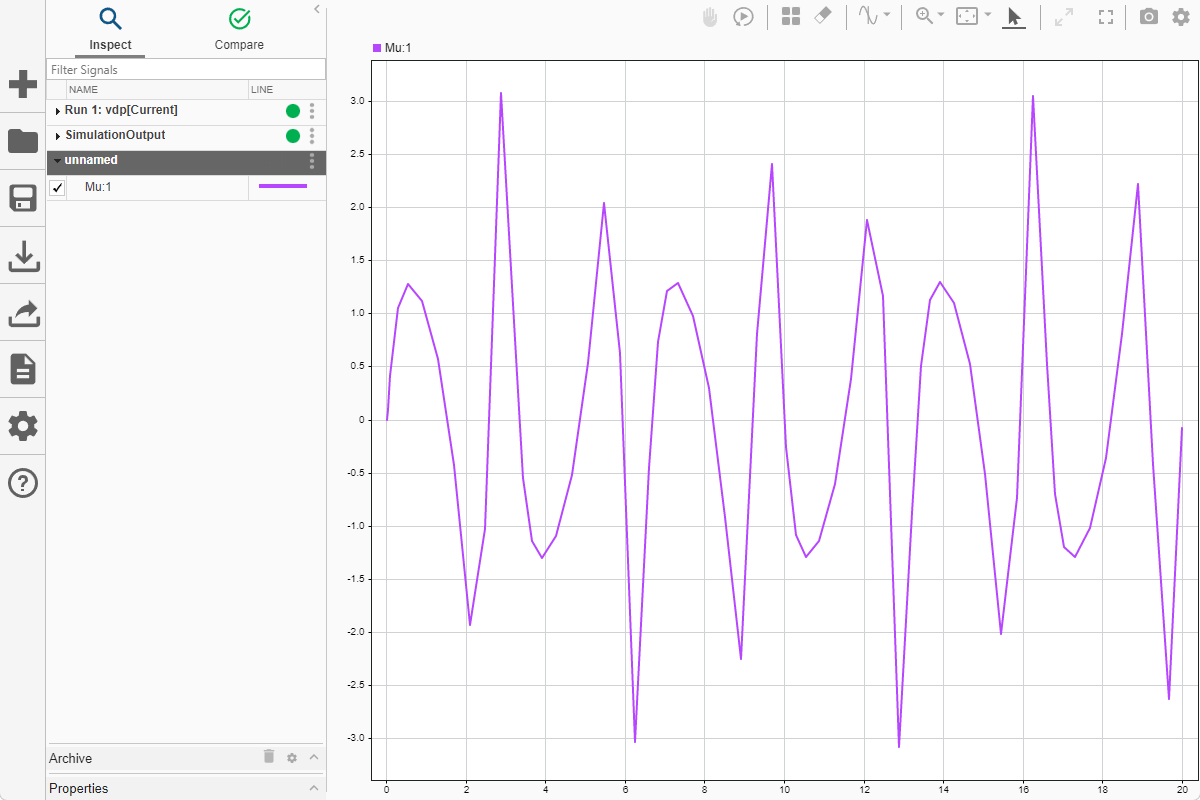 A single signal plotted in a new run in the Simulation Data Inspector.