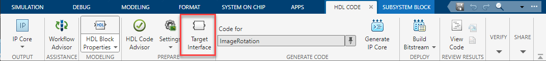 HDL Code toolstrip, Target Interface button