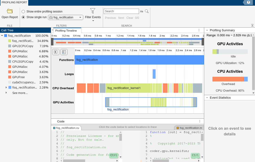 GPU Performance Analyzer showing the profiling data for the first iteration of the generated MEX with memory manager enabled