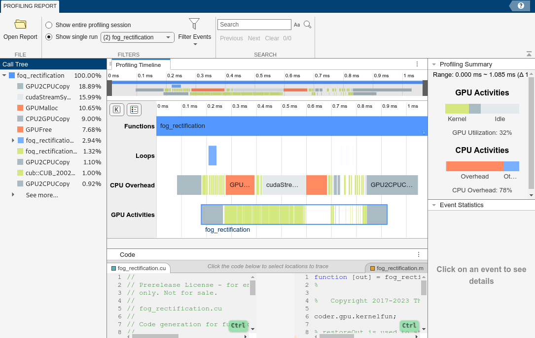 GPU Performance Analyzer window showing the profiling data for the generated MEX with memory manager enabled