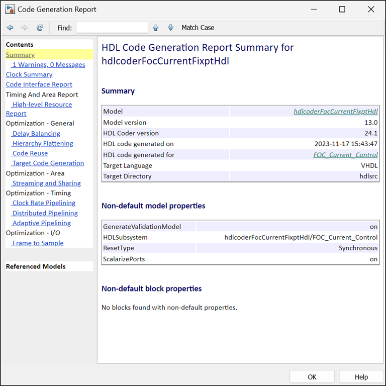 Code generation report for the model hdlcoderFocCurrentFixptHdl. The contents pane include the high-level resource and optimization reports.