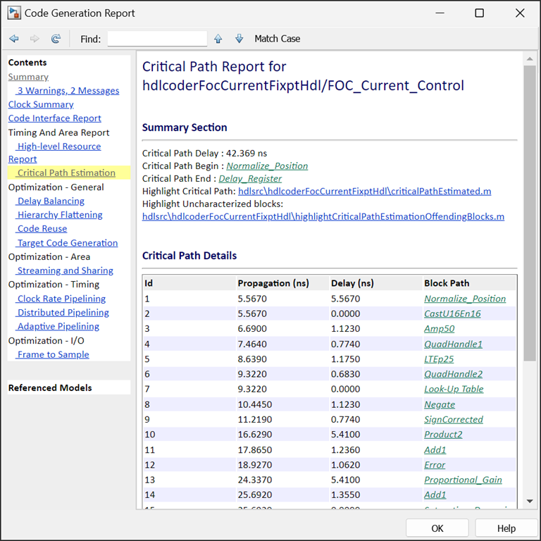 Code generation report for the model hdlcoderFocCurrentFixptHdl. The updated report includes a critical path estimation section.