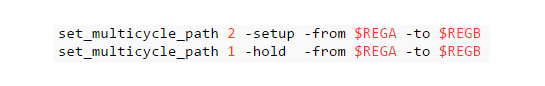 Sample code from the constraints file demonstrating the multi-cycle path constraints between register A and register B.