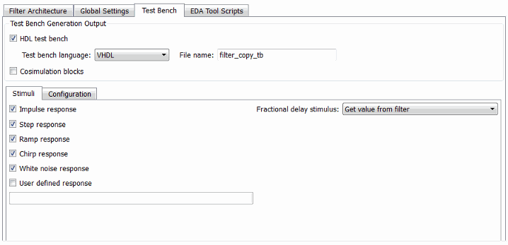 Test Bench tab of the Generate HDL tool