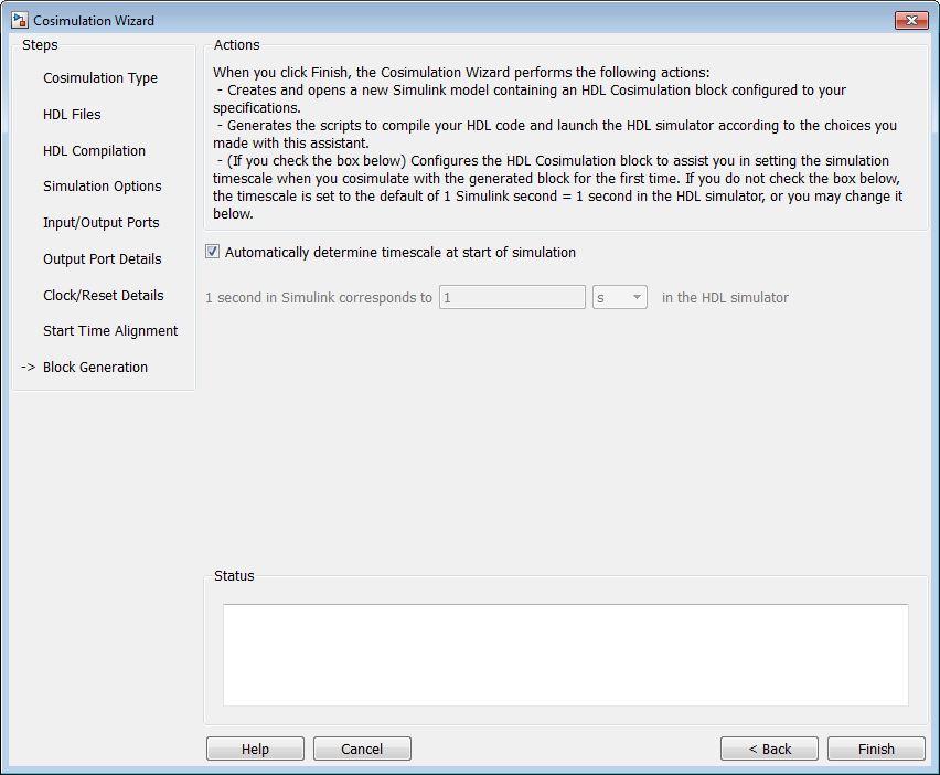 Cosimulation Wizard open on the Block Generation pane. The parameter "Automatically determine timescale at start of simulation" is checked.