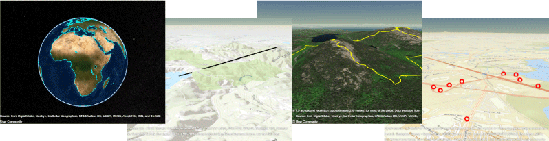 Examples of geographic globe visualizations. Click to go to geoplot3.