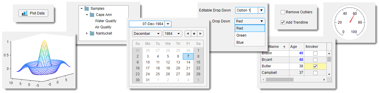 Samples of some commonly used UI components. Click to view a list of UI components available for creating modern apps and Live Editor tasks.