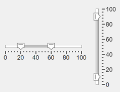 Two range slider components, both with limits ranging from zero to 100. The slider on the left is in a horizontal orientation with a range of values between 20 and 60. The slider on the right is in a vertical orientation with a range of values between 10 and 90.